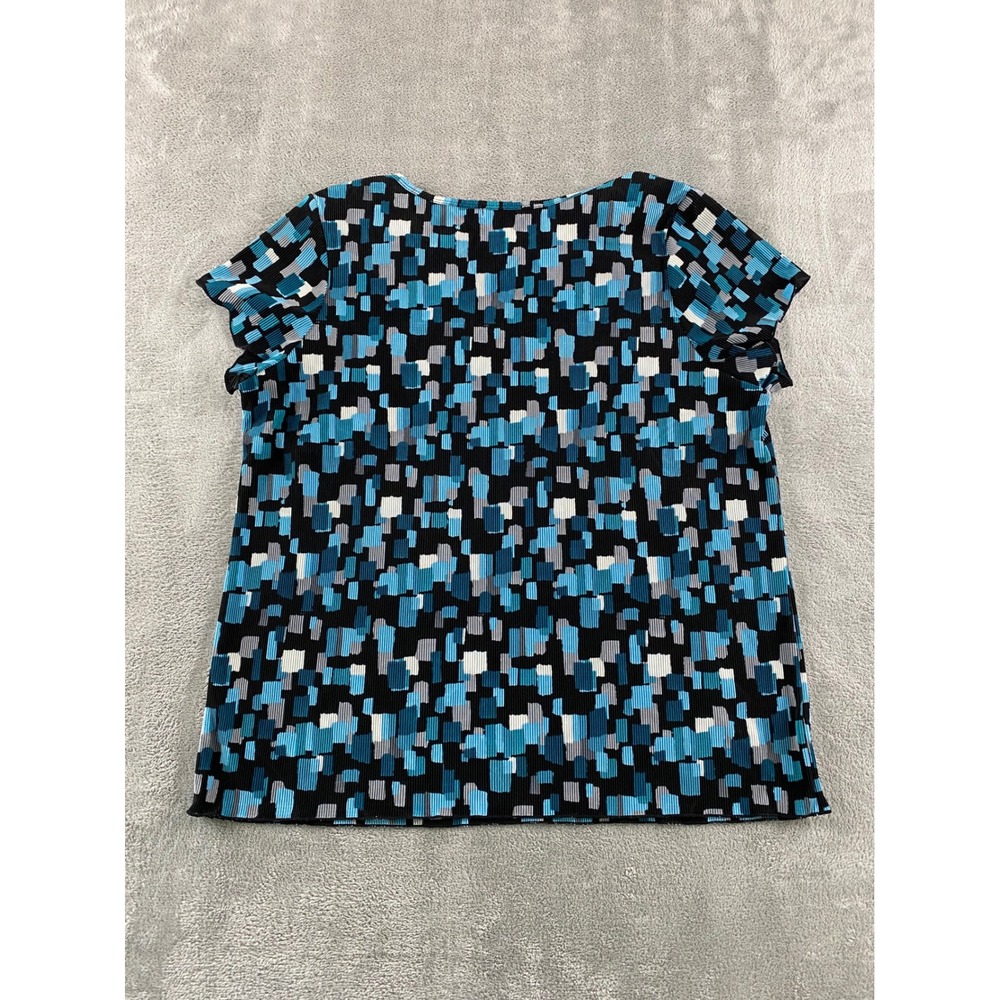 Dressbarn Woman 2X Blue Geometric Micro Pleated Short Sleeve Blouse Top RN118589 - Picture 7 of 8